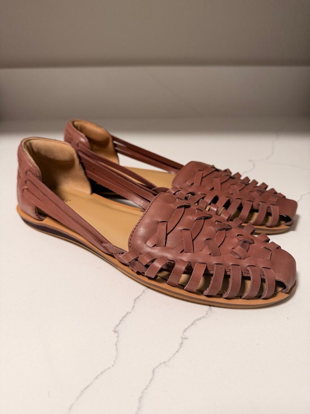 Quince 100% Leather Huarache Flats Brandy Brown Woven Women’s Size 7.5